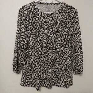 Croft & Barrow Blouse Long Sleeve Black w White Flowers Size L Women's